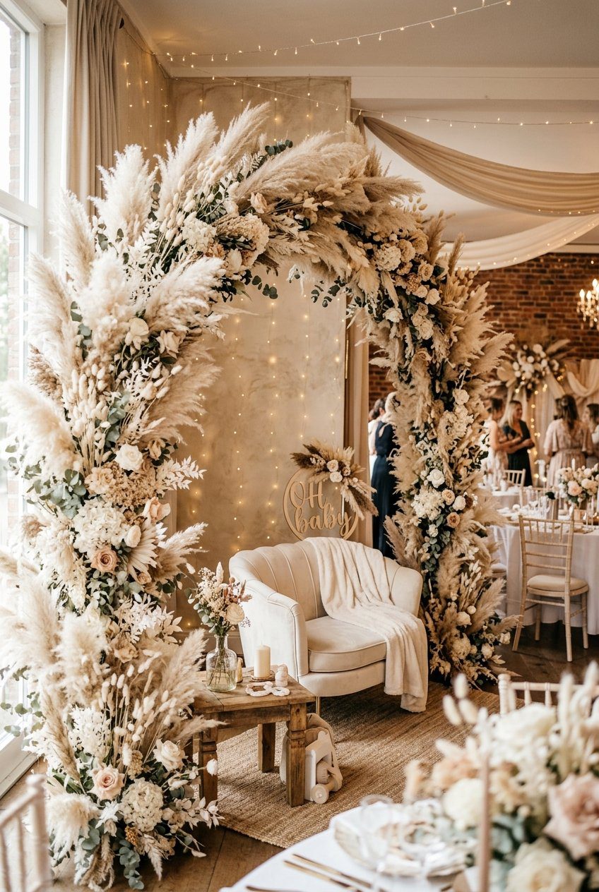 A baby shower photo arch setup made from fluffy pampas grass and dry bunny tails with an elegant armchair
