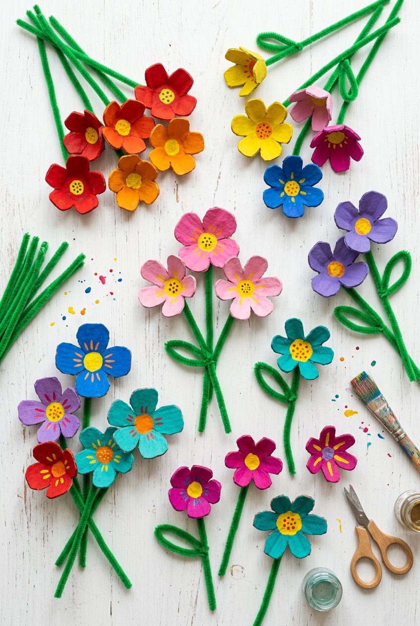 A flat lay of colorful painted flower shapes crafted from cardboard egg cartons with green pipe cleaner stems on a white tabletop
