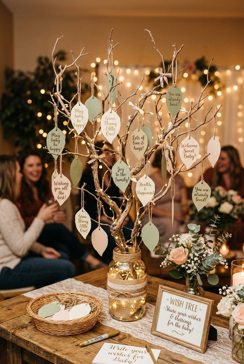 A wish tree made of rustic bare branches in a jar filled with warm lights decorated with hanging leaf shaped paper tags containing handwritten messages