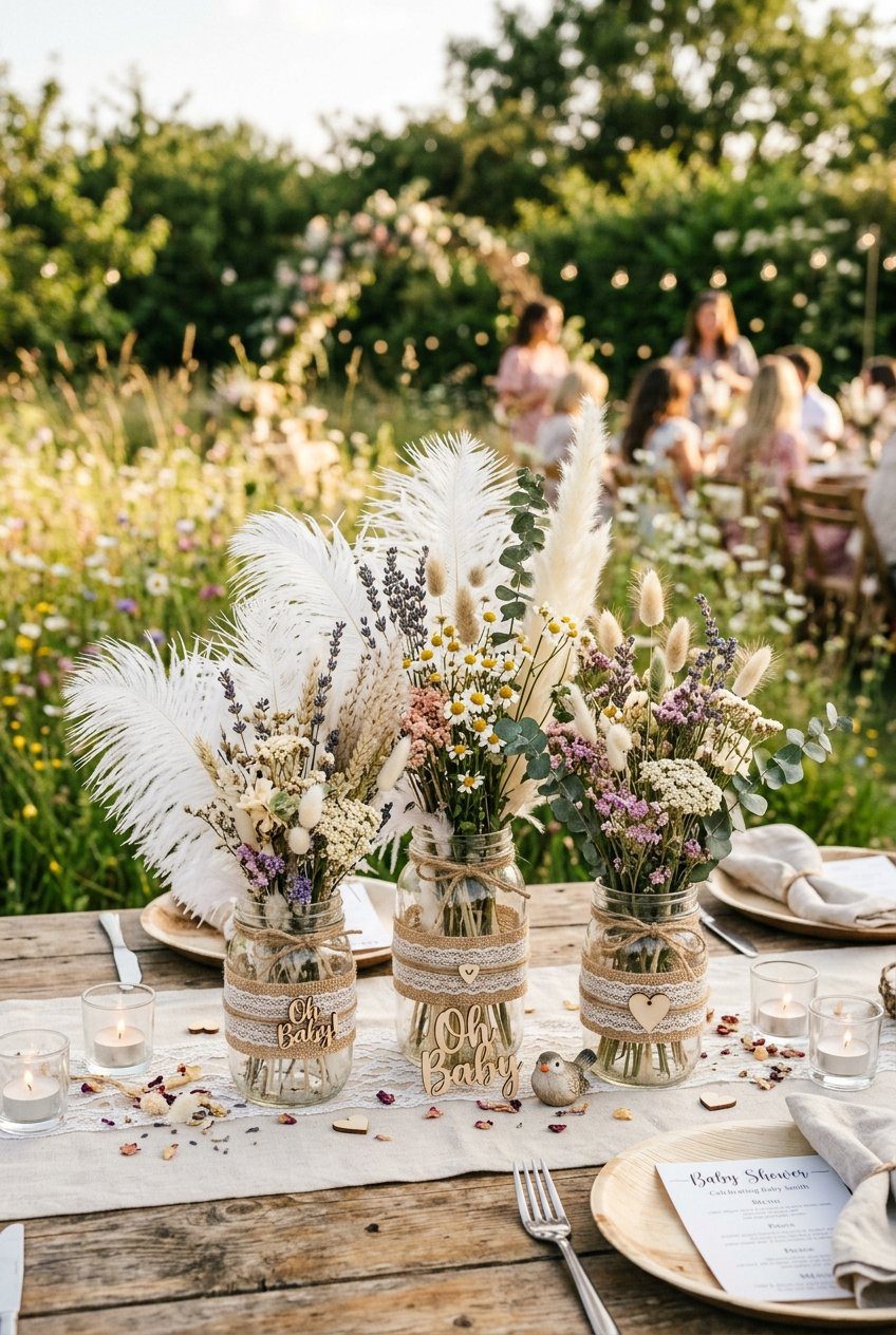Rustic baby shower centerpieces showing clear glass jars wrapped in lace and burlap filled with fluffy white feathers and lavender sprigs