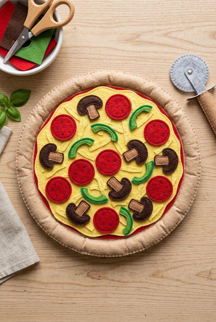A high angle flat lay of a toy pizza constructed from colorful cut-out felt sheets representing crust, cheese, pepperoni, mushrooms, and green peppers