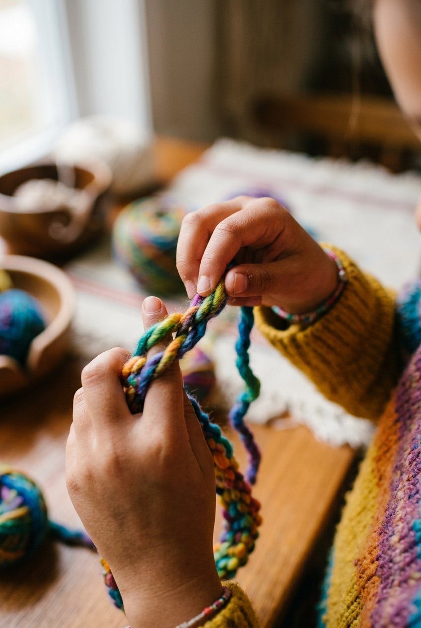 A close-up shot of a child's hands weaving thick colorful organic cotton yarn together around fingers to make a soft knit chain