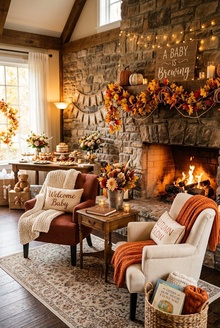 A cozy indoor baby shower setup styled next to a glowing stone fireplace decorated with orange autumn leaves garland, with cozy chairs, thick knit throw blankets