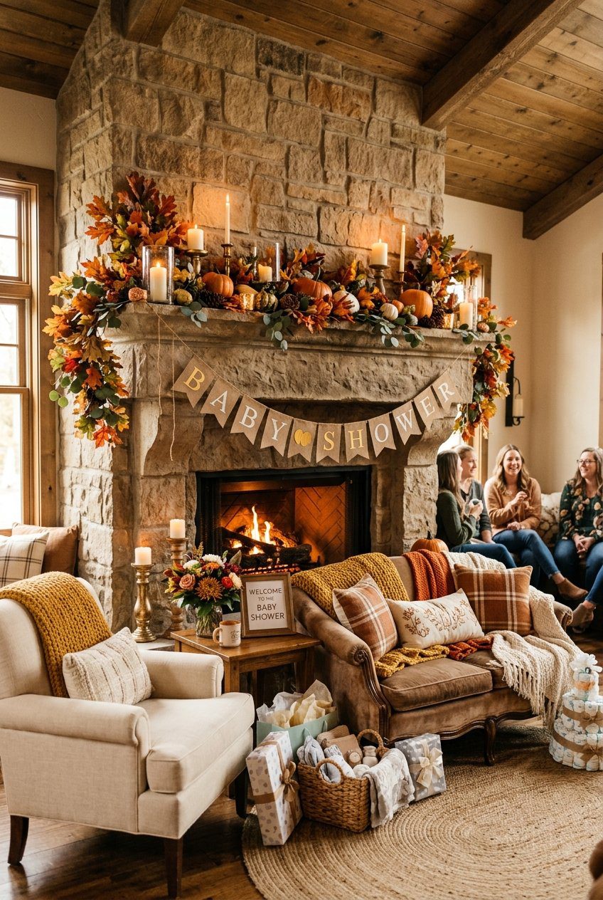 A cozy indoor baby shower seating layout centered in front of a decorated stone fireplace with warm lighting