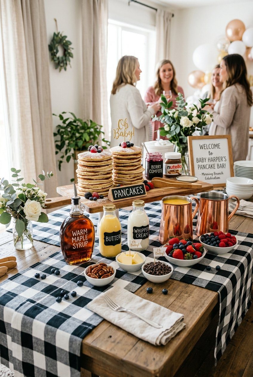 A morning baby shower pancake bar with tall stacks of fluffy flapjacks, warm maple syrup bottles, copper jugs, fresh berries, styled with black and white plaid runners