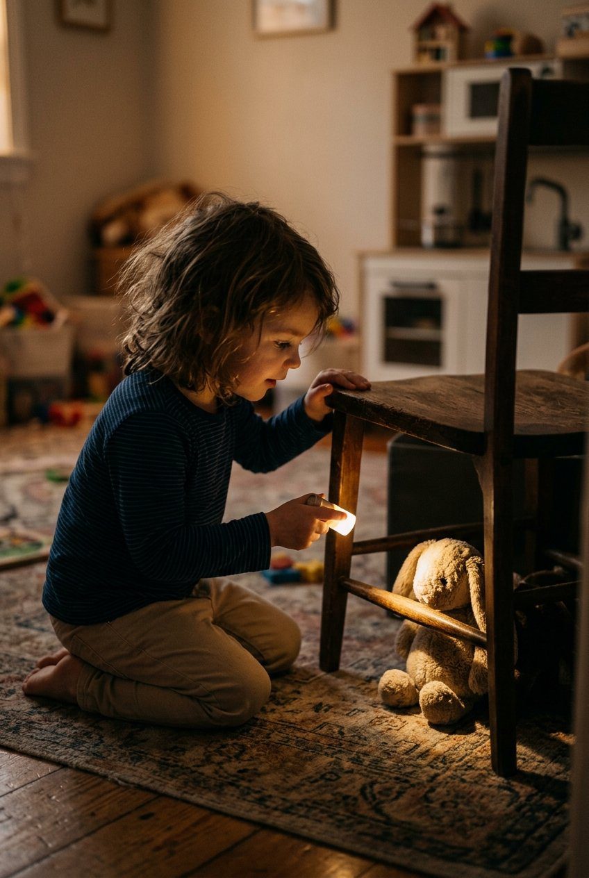 A young child holding a small flashlight pointing the light beam at a hidden soft toy under a wooden chair in a dim playroom