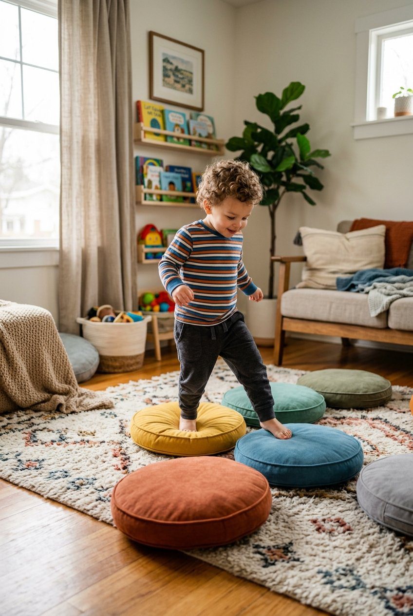 A toddler boy stepping between soft colorful round floor pillows placed on a rug in a cozy living room to play the floor is lava