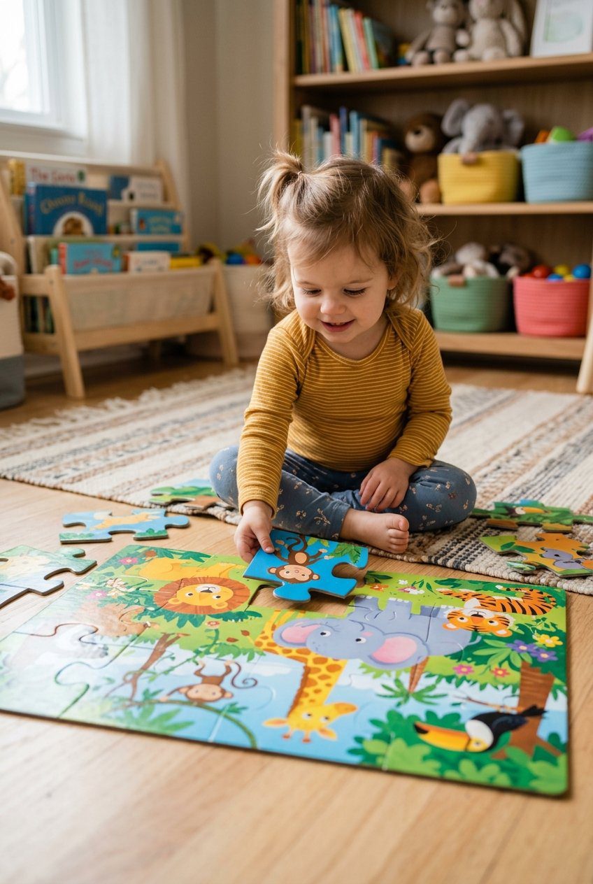 A toddler girl sitting on the floor putting together a large colorful cardboard floor puzzle showing cartoon jungle animals