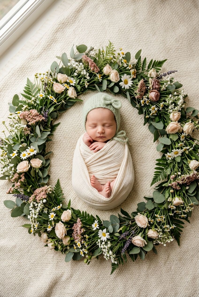A flat lay baby portrait with a newborn sleeping in a circle wreath of soft roses and green ferns