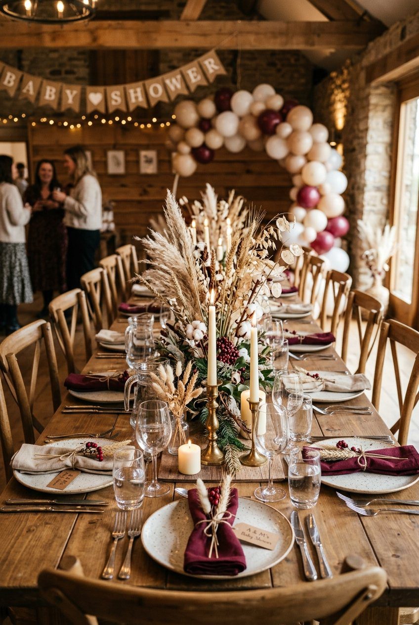 A rustic dining table styled for a baby shower with dried grasses, burgundy linens, and tall gold taper candles
