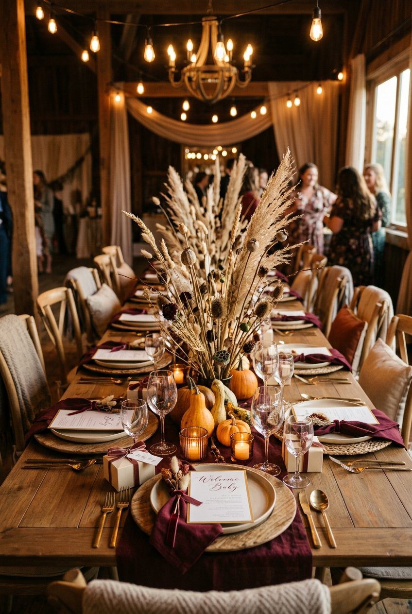A warm fall baby shower dining table styled with tall dried wild grasses, dried seed pods, and deep burgundy linens, natural wooden chargers