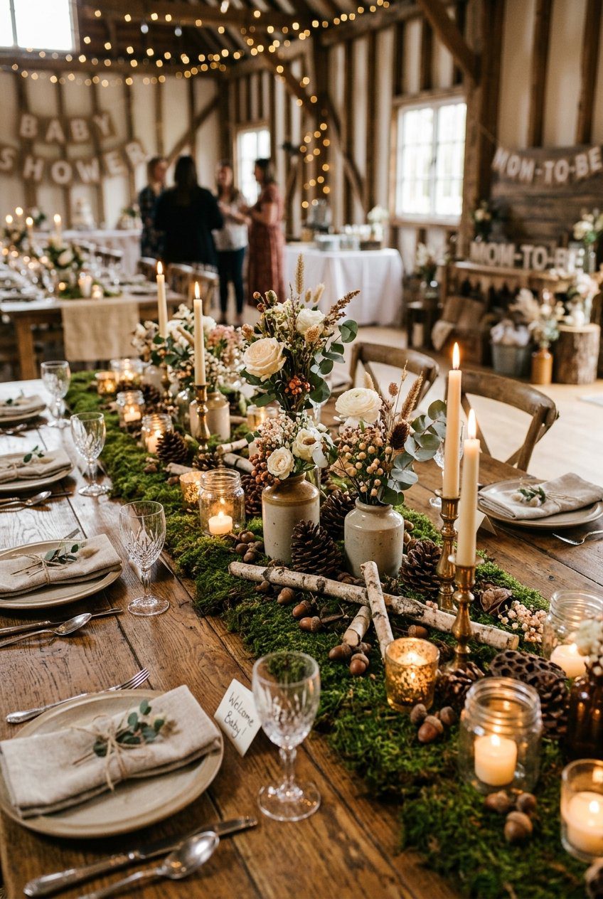 A warm rustic baby shower centerpiece styled with moss runners, pinecones, acorns, dry wood twigs, and warm candlelight on a textured wood table