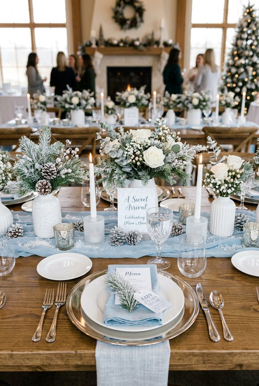 A late fall baby shower table setting featuring icy blue table runners, frosted pine branch accents, white ceramic vases, and shiny silver plates