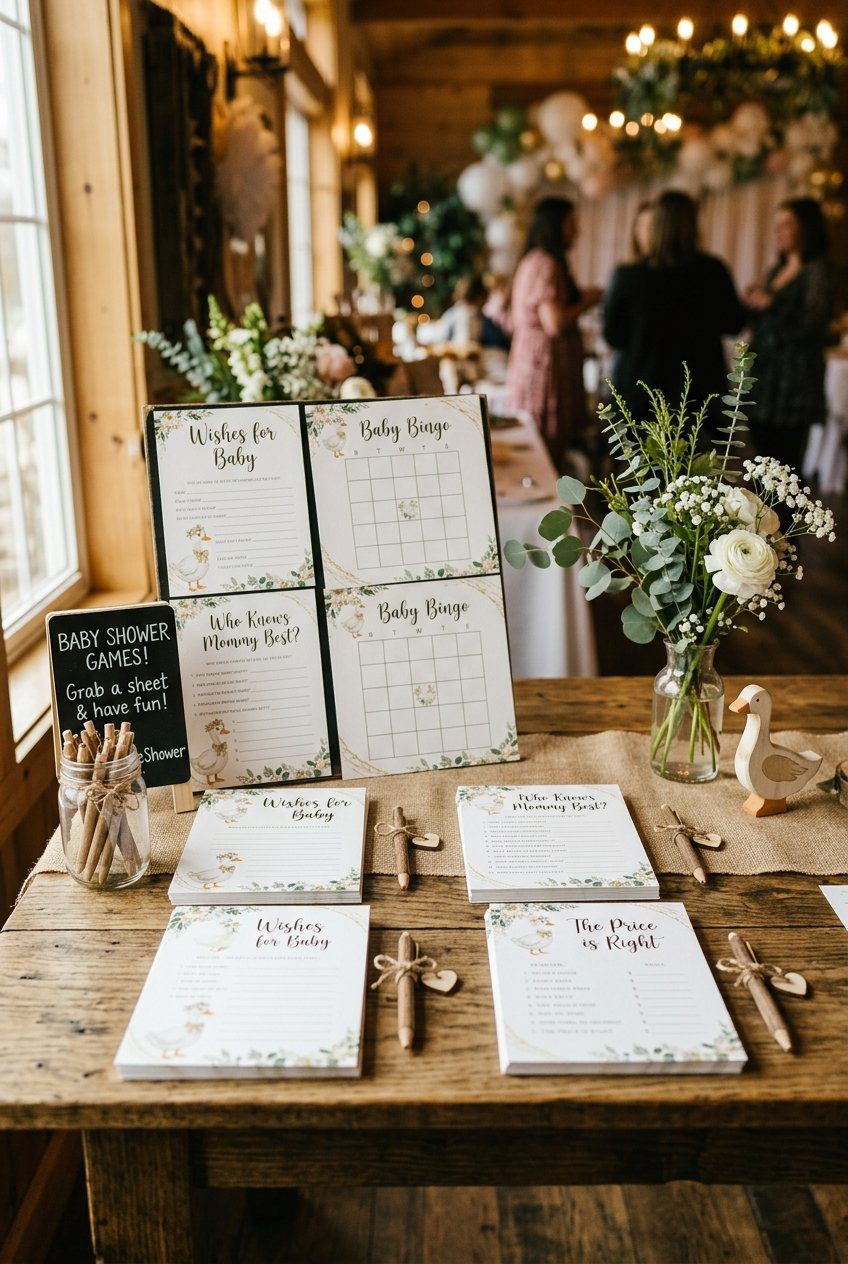 A baby shower activity table featuring printed game cards with cute goose graphics and rustic twig pens