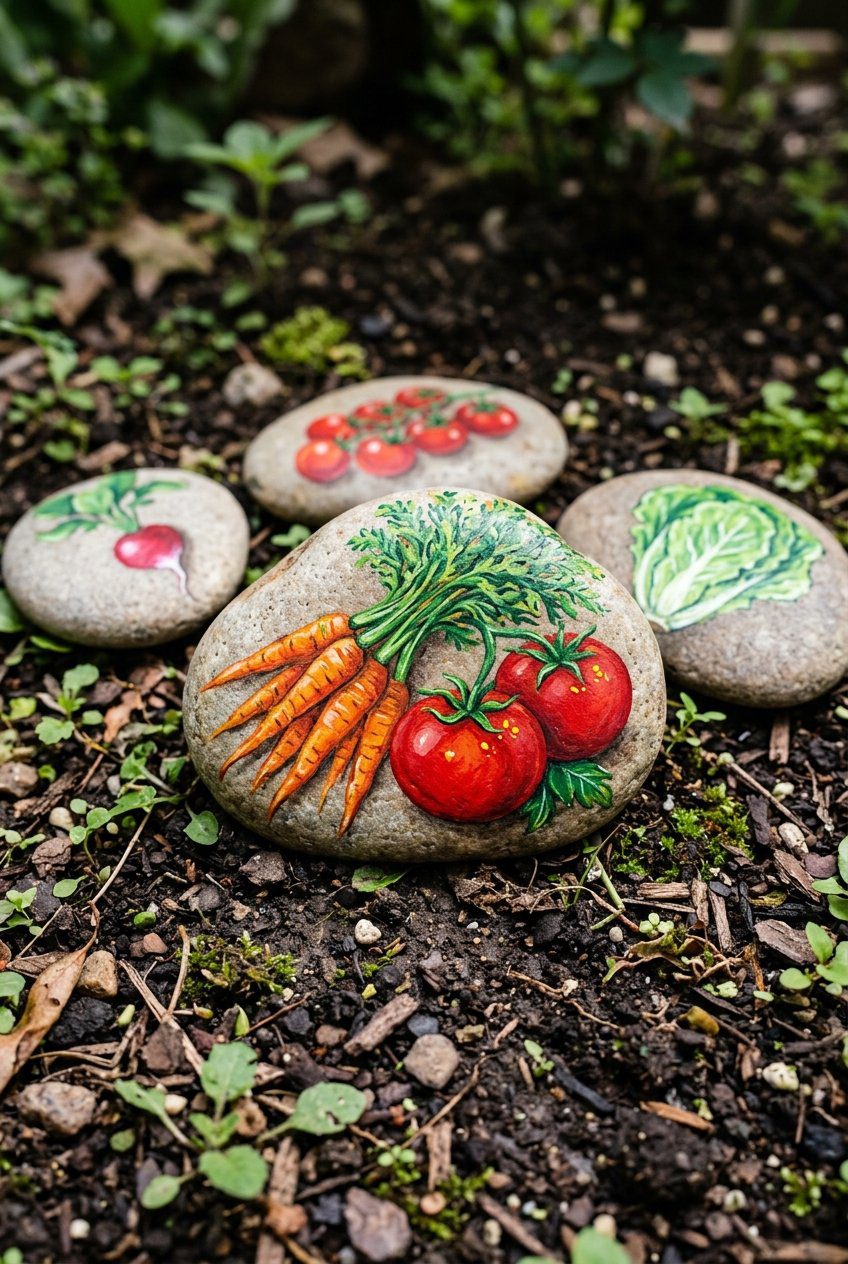 A close-up photograph of flat garden stones painted with colorful vegetables like carrots and tomatoes on a soil background