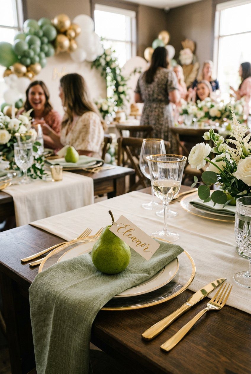 A green pear place card holder on a sage linen napkin at a baby shower guest table with gold accents