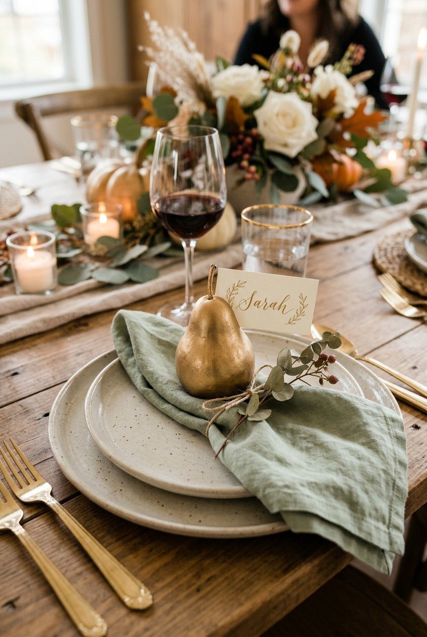 An elegant fall baby shower place setting featuring a single metallic gold painted pear as a place card holder on a soft sage green linen napkin
