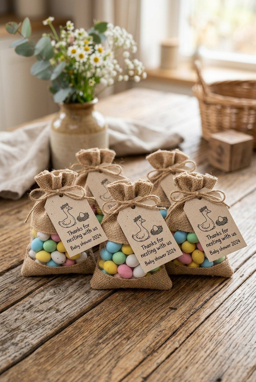 Small burlap gift bags filled with colorful candy coated chocolate eggs next to a tags saying Thanks for nesting with us