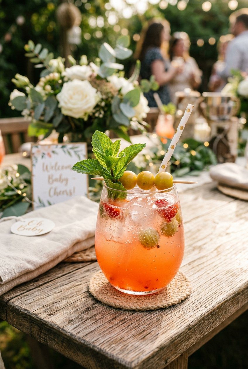 A refreshing summer mocktail garnished with fresh green mint leaves and gooseberries on a wooden garden table