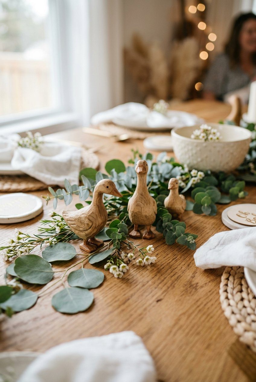 Three small rustic hand carved wooden geese standing in a row on a wooden tabletop decorated with fresh green leaves