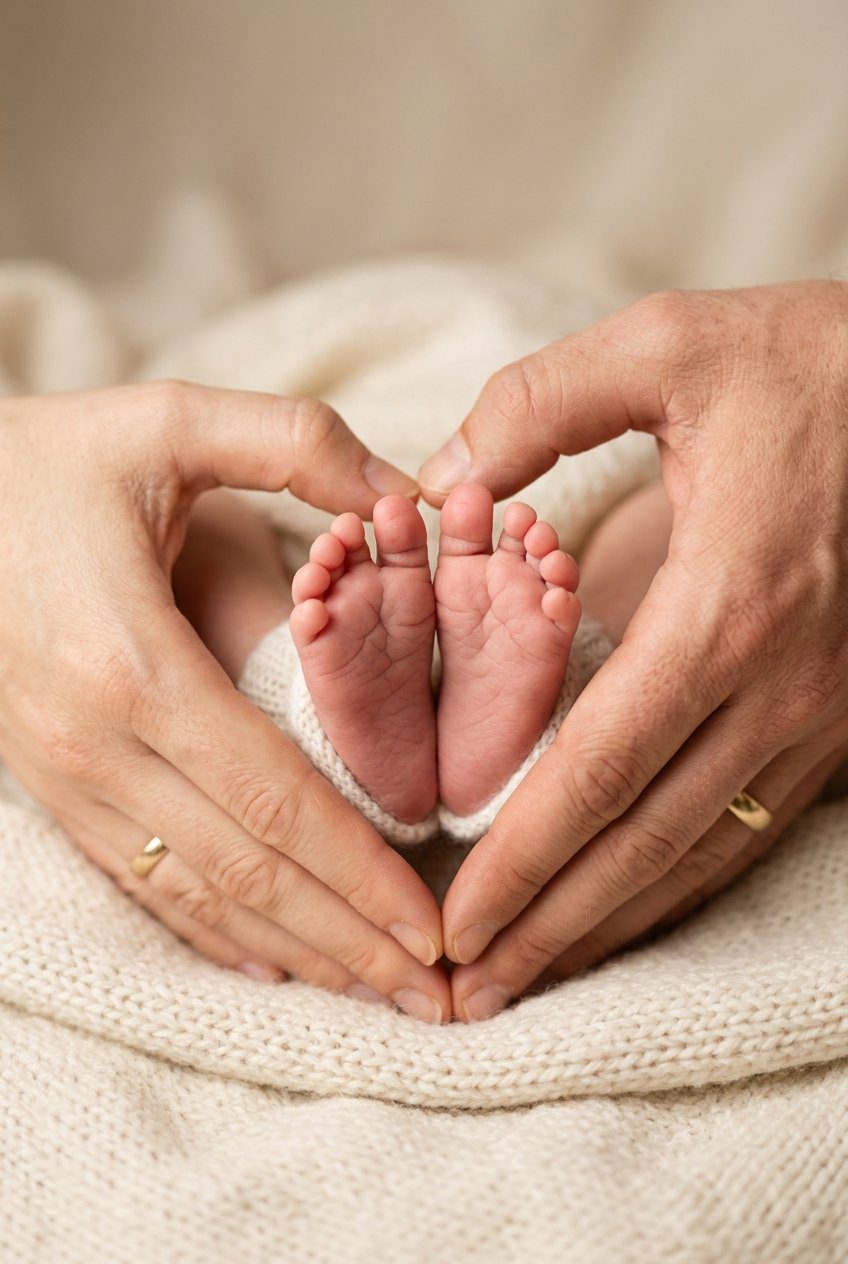 Close-up baby portrait with parents forming a heart shape with their hands around newborn's feet