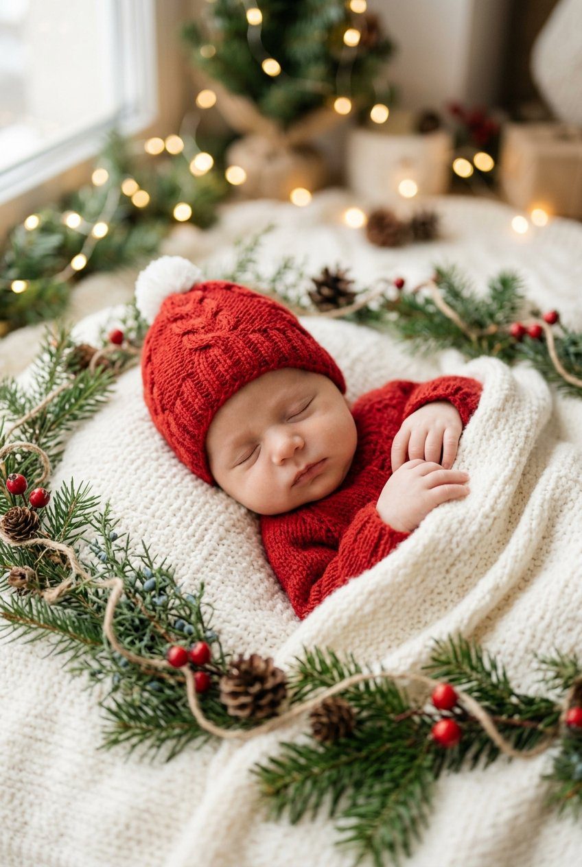 A newborn wearing a red knitted hat sleeping on a white blanket surrounded by small pine branches and pinecones