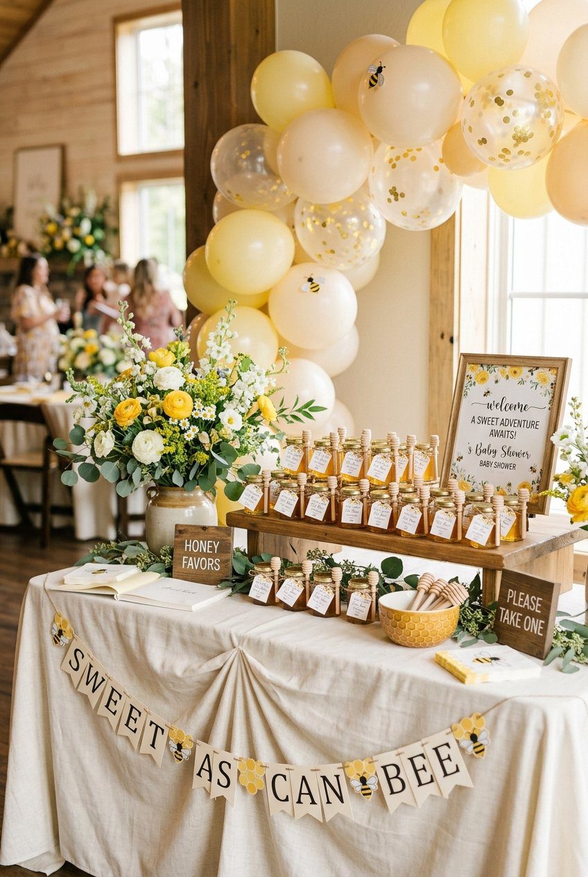 A sweet honey bee themed baby shower table styled with small jars of golden honey, wood dippers, yellow balloons, and cream tablecloth