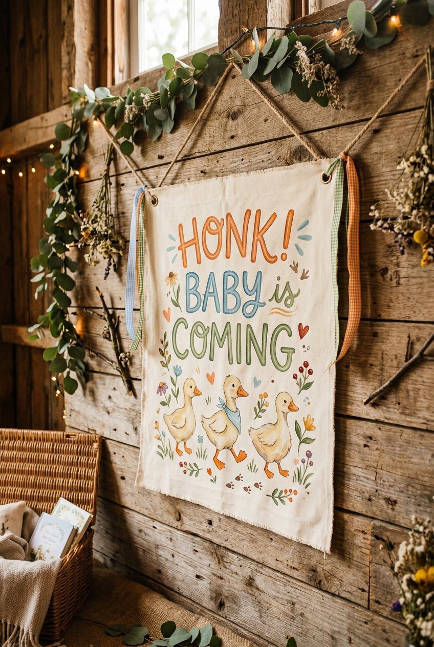 A hand-painted canvas baby shower banner reading Honk! Baby is Coming with three cute little geese illustration details hanging on a rustic wood wall