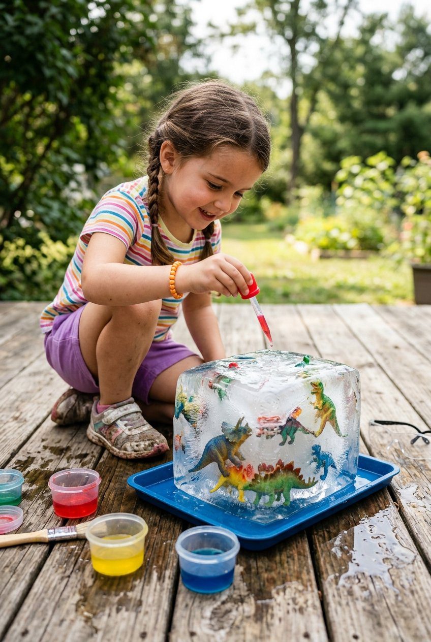 A child using a colorful plastic dropper to melt a large block of clear ice containing frozen plastic dinosaurs on a wooden deck
