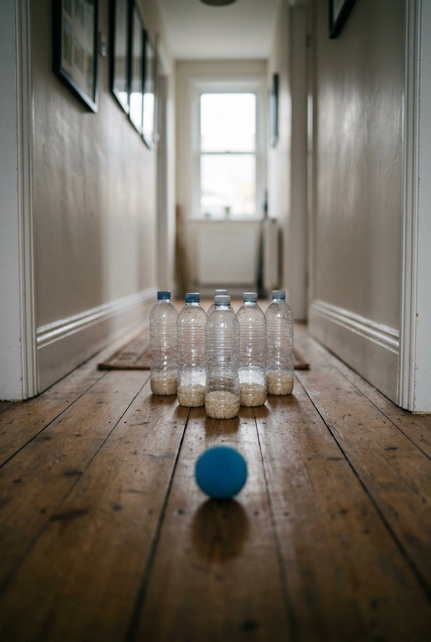 Six empty plastic bottles weighted with a little rice lined up as bowling pins at the end of a hallway, with a small soft foam ball rolling towards them
