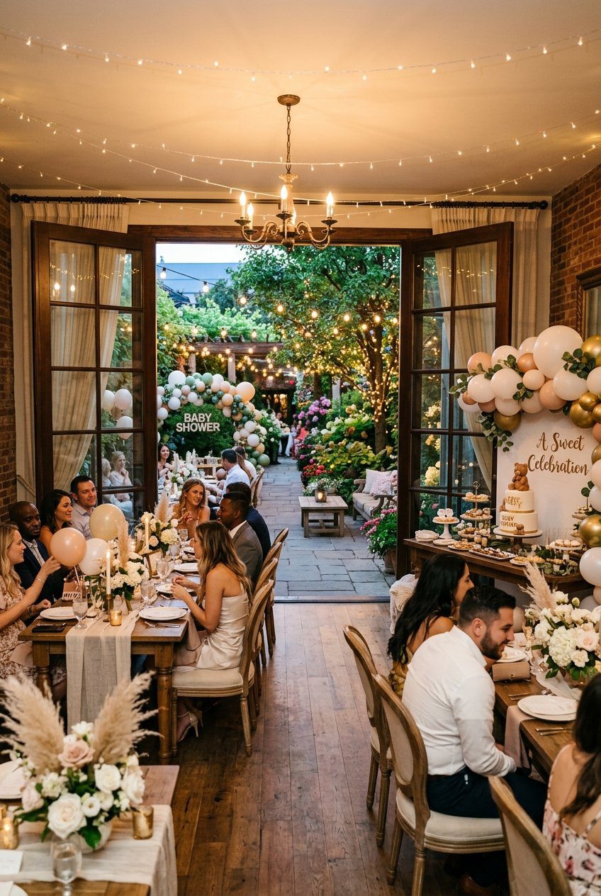 An indoor dining room decorated for a baby shower opening up directly to a green garden patio through glass doors