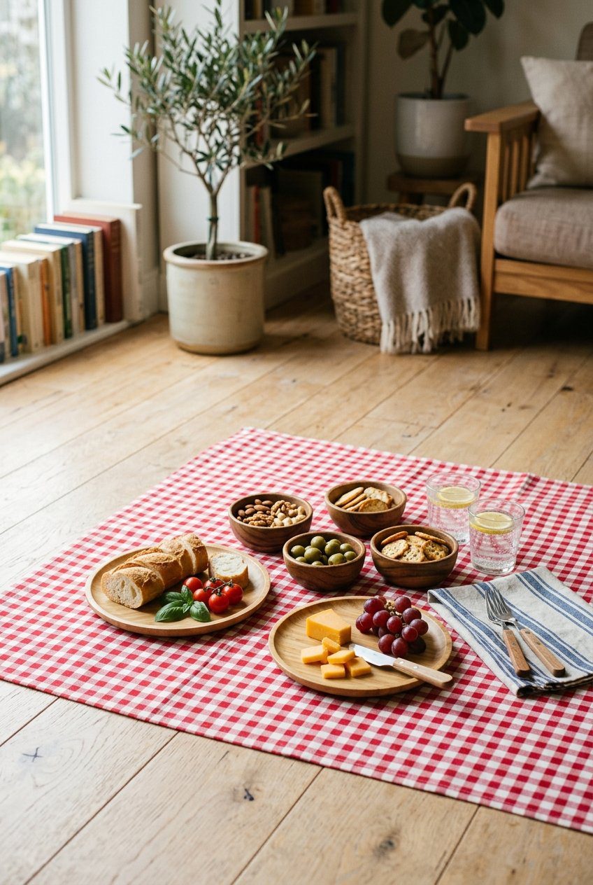 A gingham print cotton picnic blanket spread on a light wooden living room floor topped with small wooden bowls and bamboo plates of simple snacks