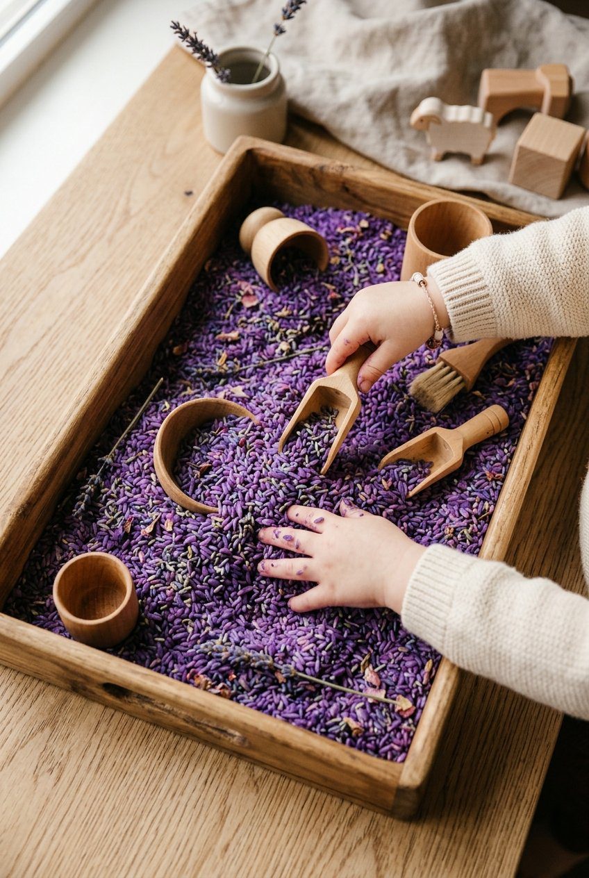 A warm flat lay of a child's hands playing in a wooden sensory bin filled with purple dried rice, small wooden scoops, and dried lavender buds