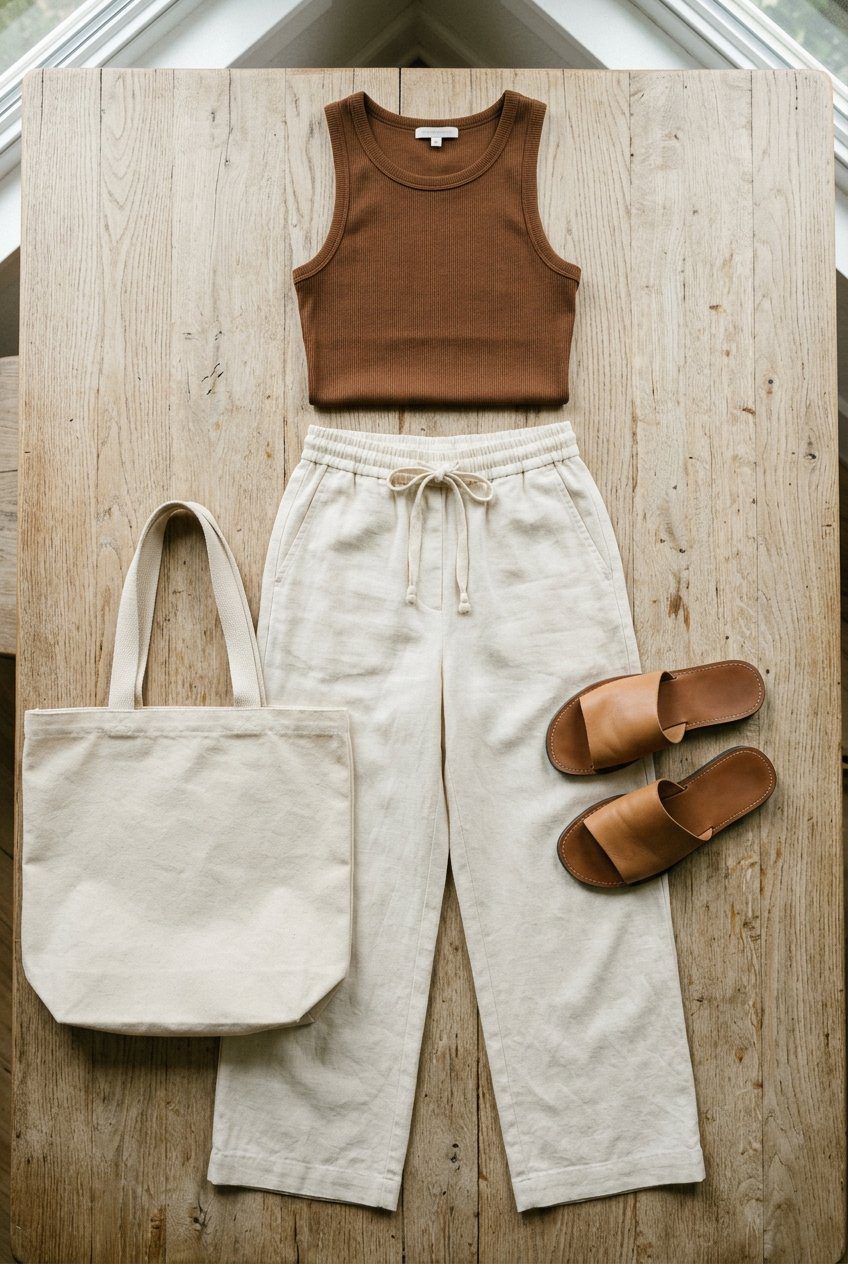 A flat lay display of a brown ribbed tank top, cream high-waisted wide-leg linen pants with drawstring, and tan leather slide sandals