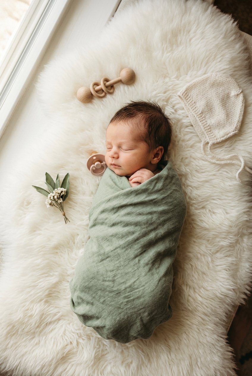 A newborn wrapped in a sage green linen swaddle sleeping on a fluffy white sheepskin rug next to wooden rattles