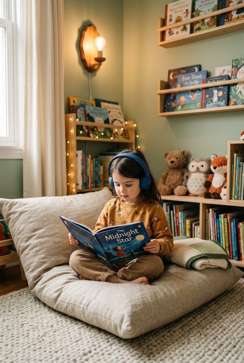 A cozy children's reading corner showing a child sitting on a large linen floor cushion wearing headphones reading a picture book, warm lighting