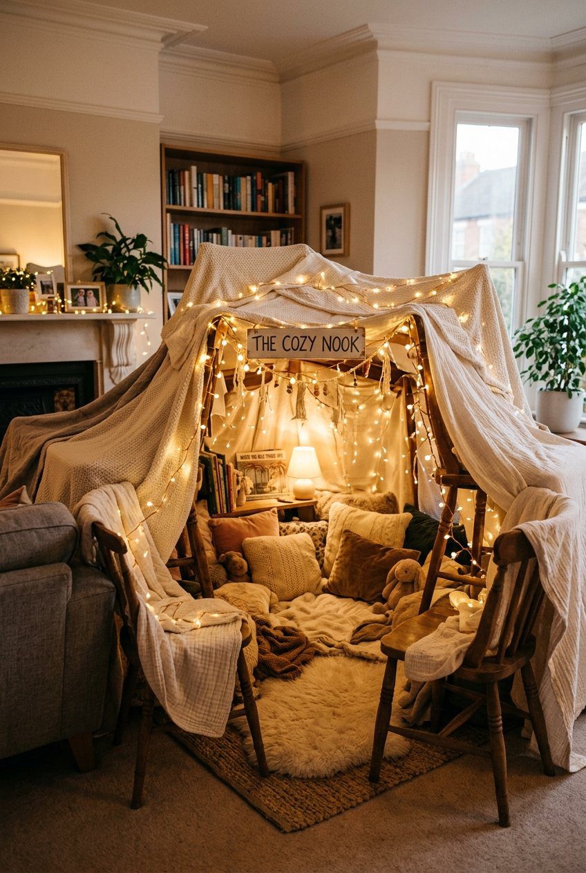 A cozy indoor play fort built with cream cotton blankets draped over wooden chairs and a sofa, filled with soft cushions and warm fairy string lights