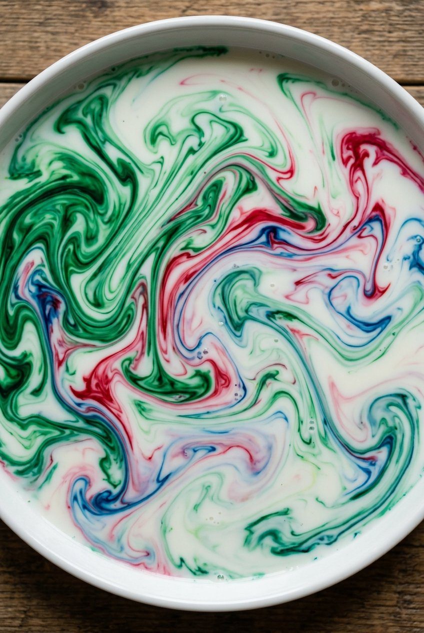 A beautiful high angle close-up photograph showing swirling patterns of green, red, and blue food coloring in a flat dish of milk