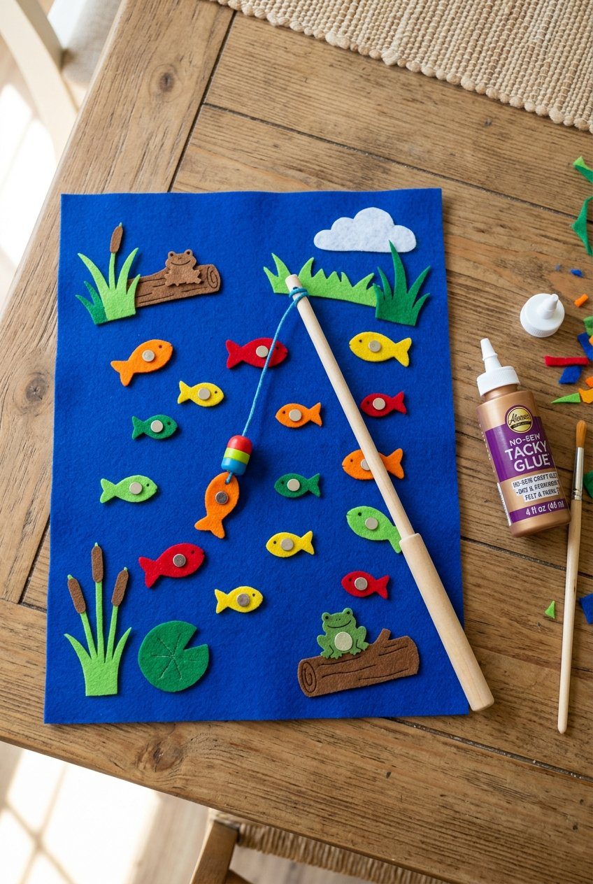 A flat lay of a no-sew blue felt pond activity page with small glued felt fish caught using a magnetic toy rod
