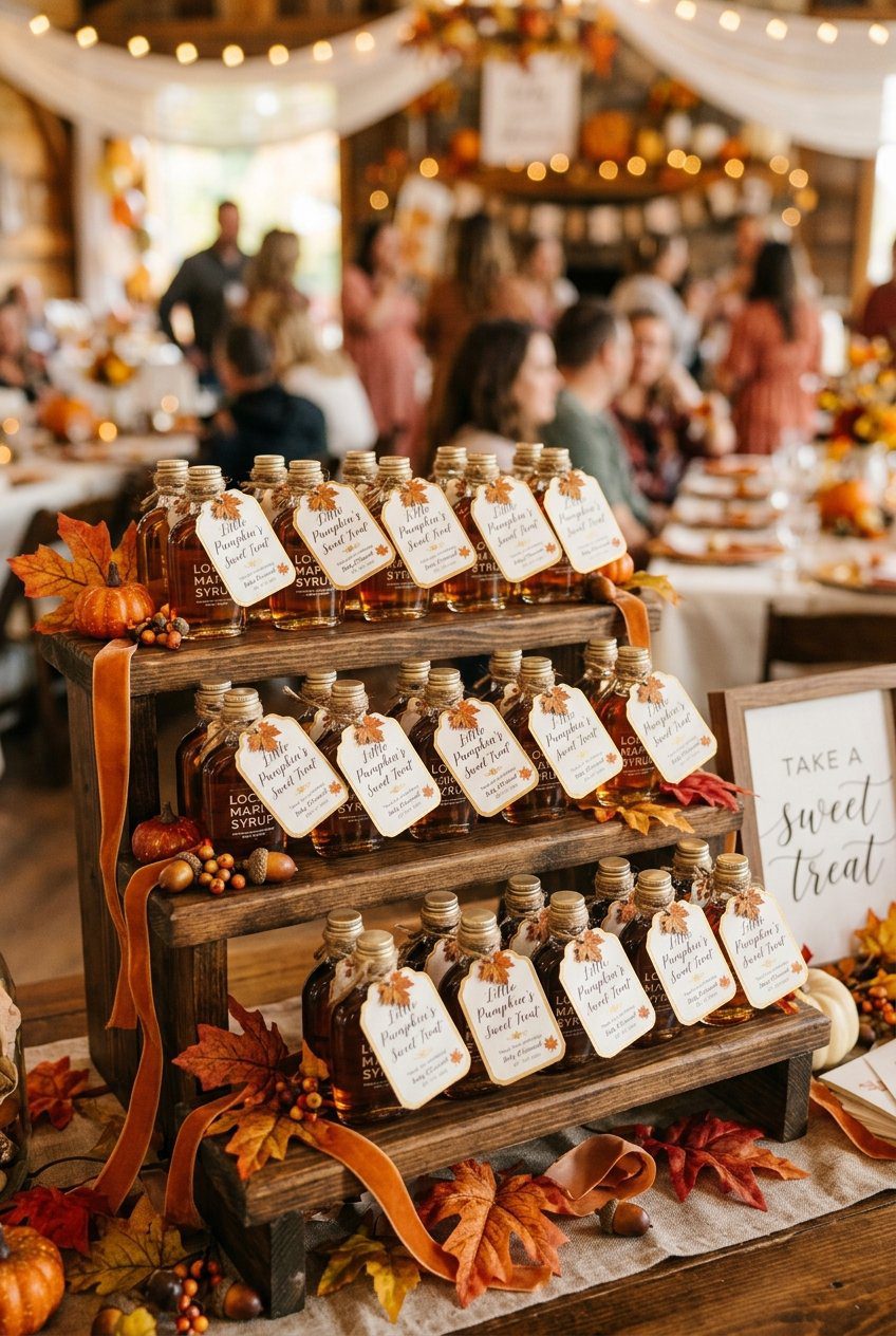 Miniature glass bottles of local maple syrup guest favors decorated with autumn leaves on a display rack at a baby shower