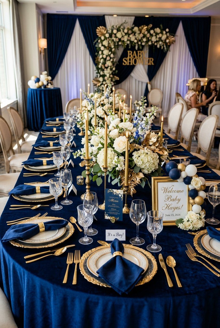 A luxurious baby shower banquet table set with navy blue velvet tablecloths, gold chargers, and white flower centerpieces