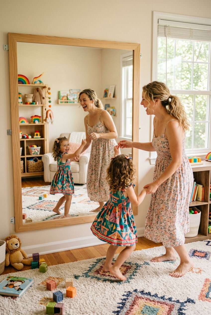 A mother and her child laughing and dancing while looking into a large securely mounted wall mirror in a warm, sunny playroom