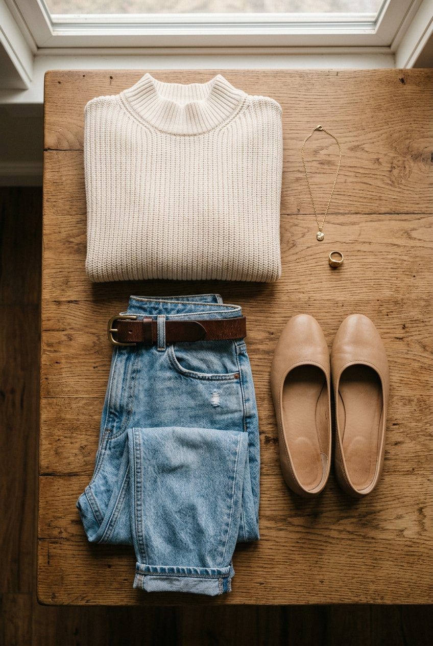 A flat lay photograph of a cream ribbed mockneck knit sweater styled with high-waisted light wash mom jeans, brown leather belt, and beige flats