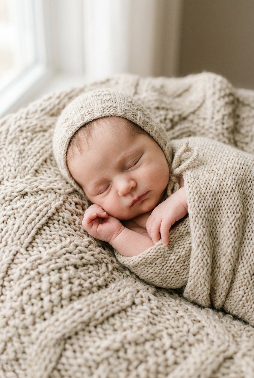 A close-up baby portrait of a sleeping newborn wrapped in a matching beige knit bonnet and blanket