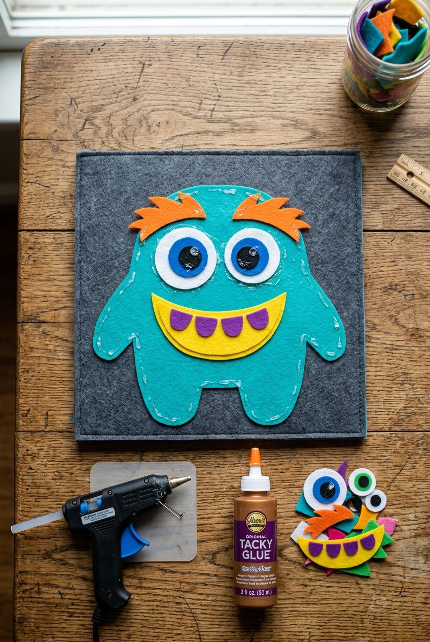 A flat lay of a no-sew felt monster activity page showing a friendly felt monster with loose felt eyes, mouths, and eyebrows glued together with hot glue