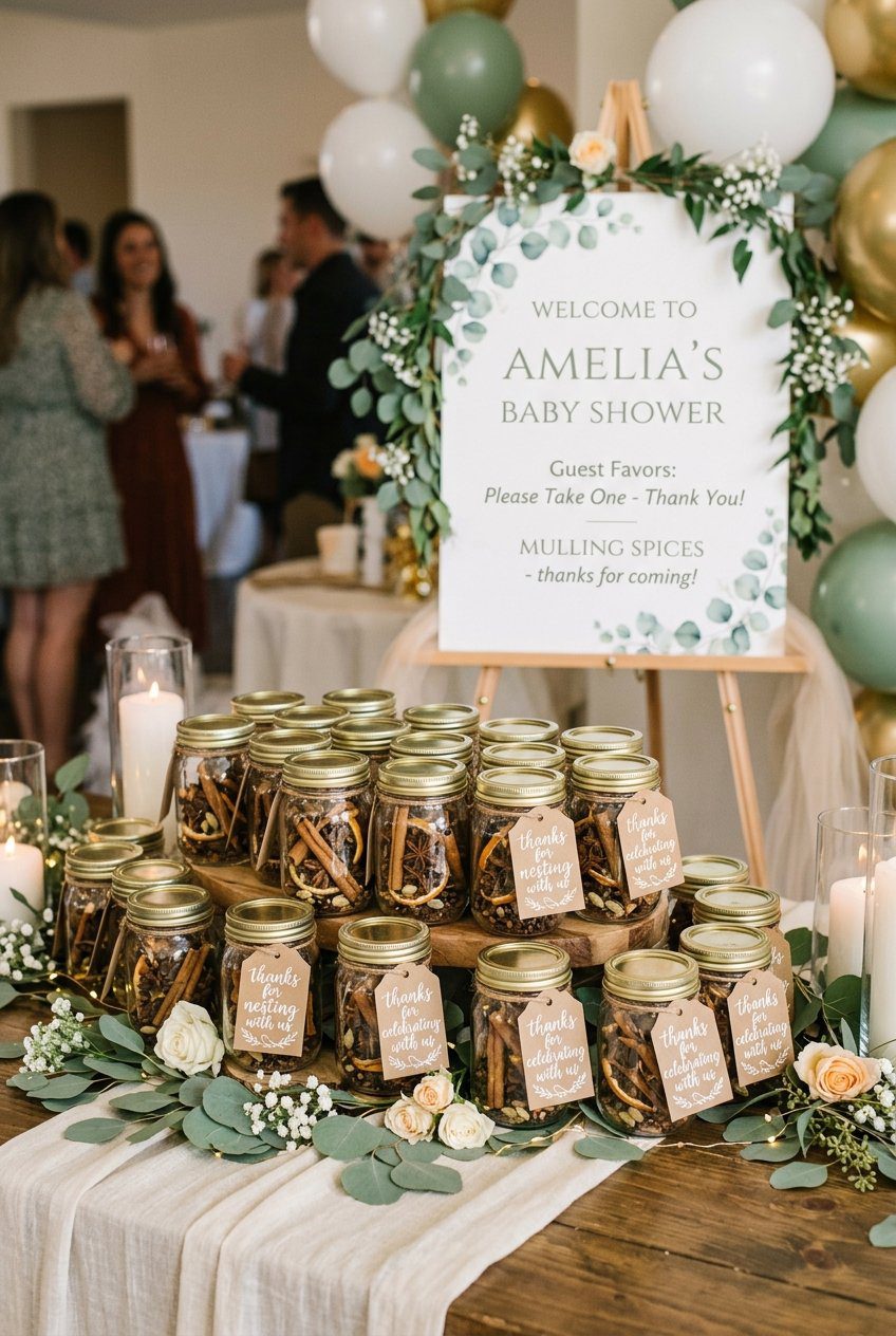 Small mason jars filled with cinnamon sticks and mulling spices labeled as baby shower guest favors on a decorated table