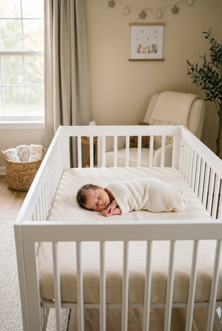 A newborn baby wrapped in a knit swaddle sleeping peacefully inside a modern white wooden crib