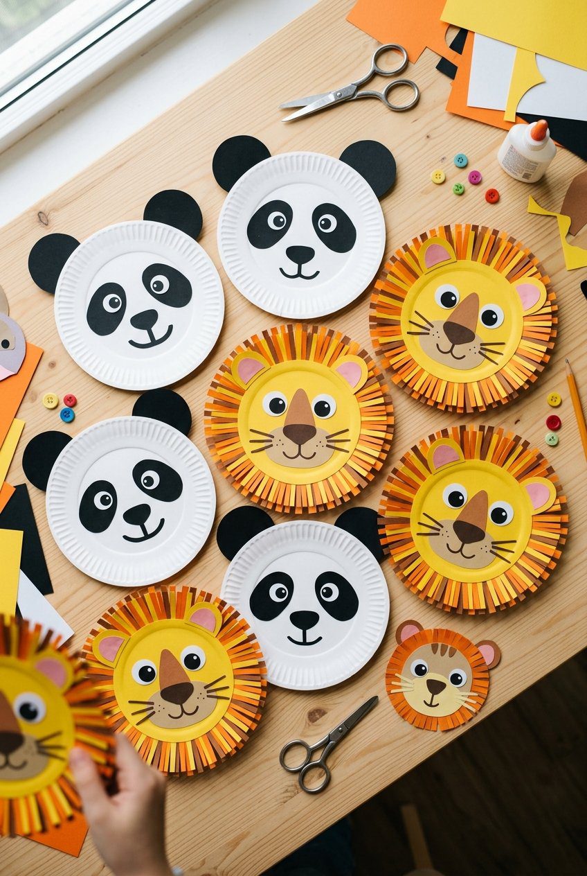A flat lay of colorful paper plate animal crafts showing panda and lion faces with construction paper details