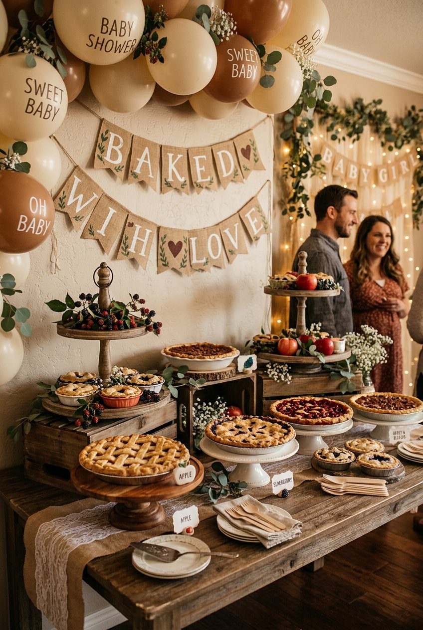 A rustic pie themed baby shower dessert table showing fruit pies on tiered wooden stands under a Baked with Love banner