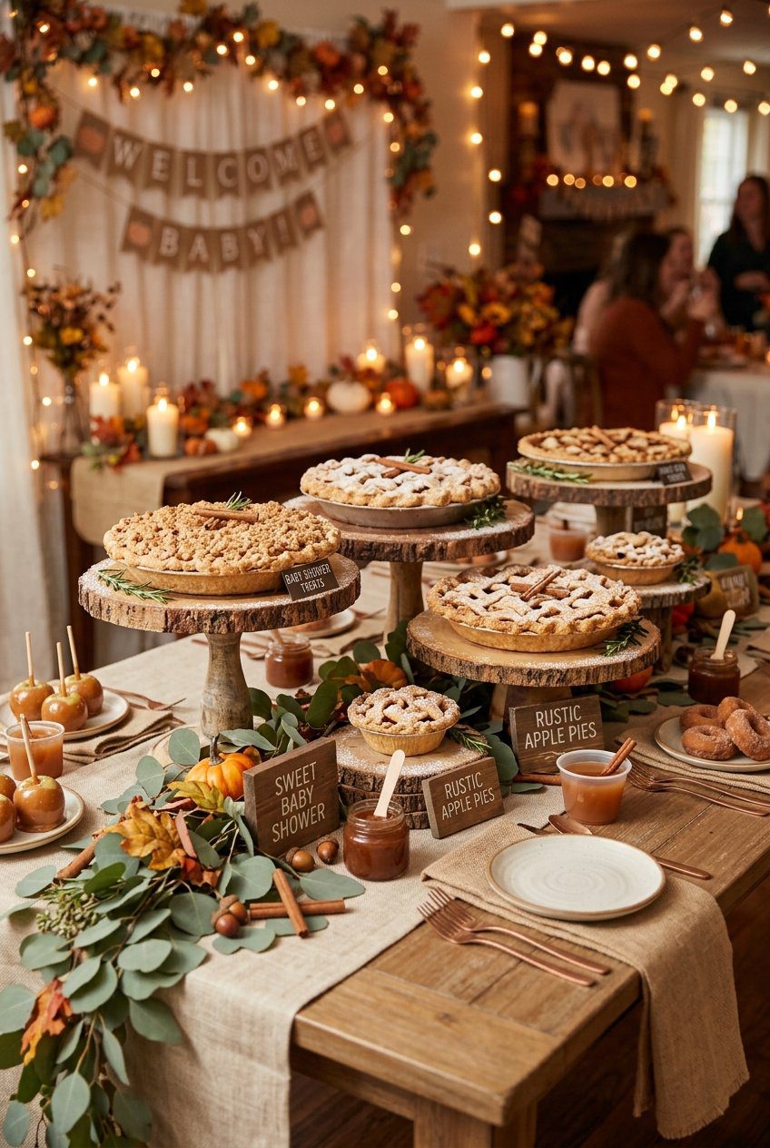 A warm fall baby shower dessert table styled with multiple rustic apple pies on wood stands, linen covers, and cinnamon sticks